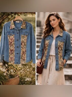 Vintage Tapestry Panel Denim Jacket Cottagecore Floral Button Up Size M